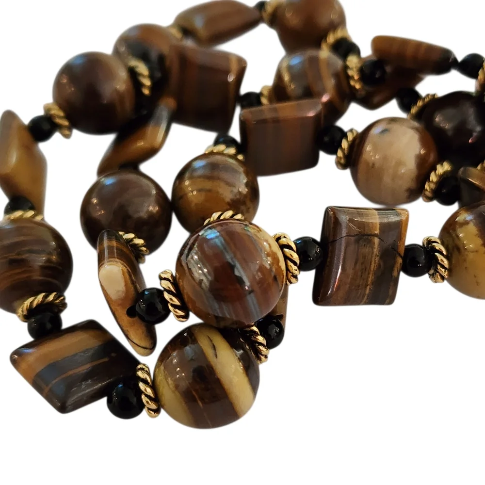 Cat's eye gemstones necklace 14k GP CZ flower clasp gold tigers eye L509 -Q5